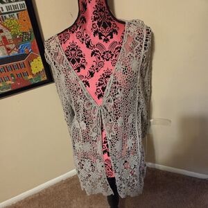 Cecico Light Gray Crochet Knit Open Front Cardigan Large NWOT